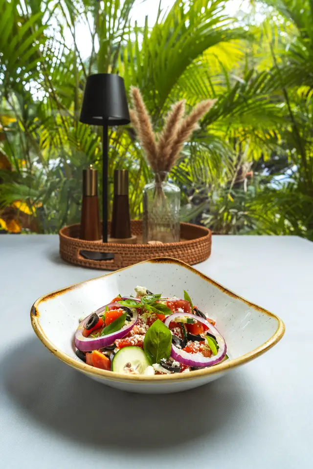 Greek salad with feta and olives against the jungle