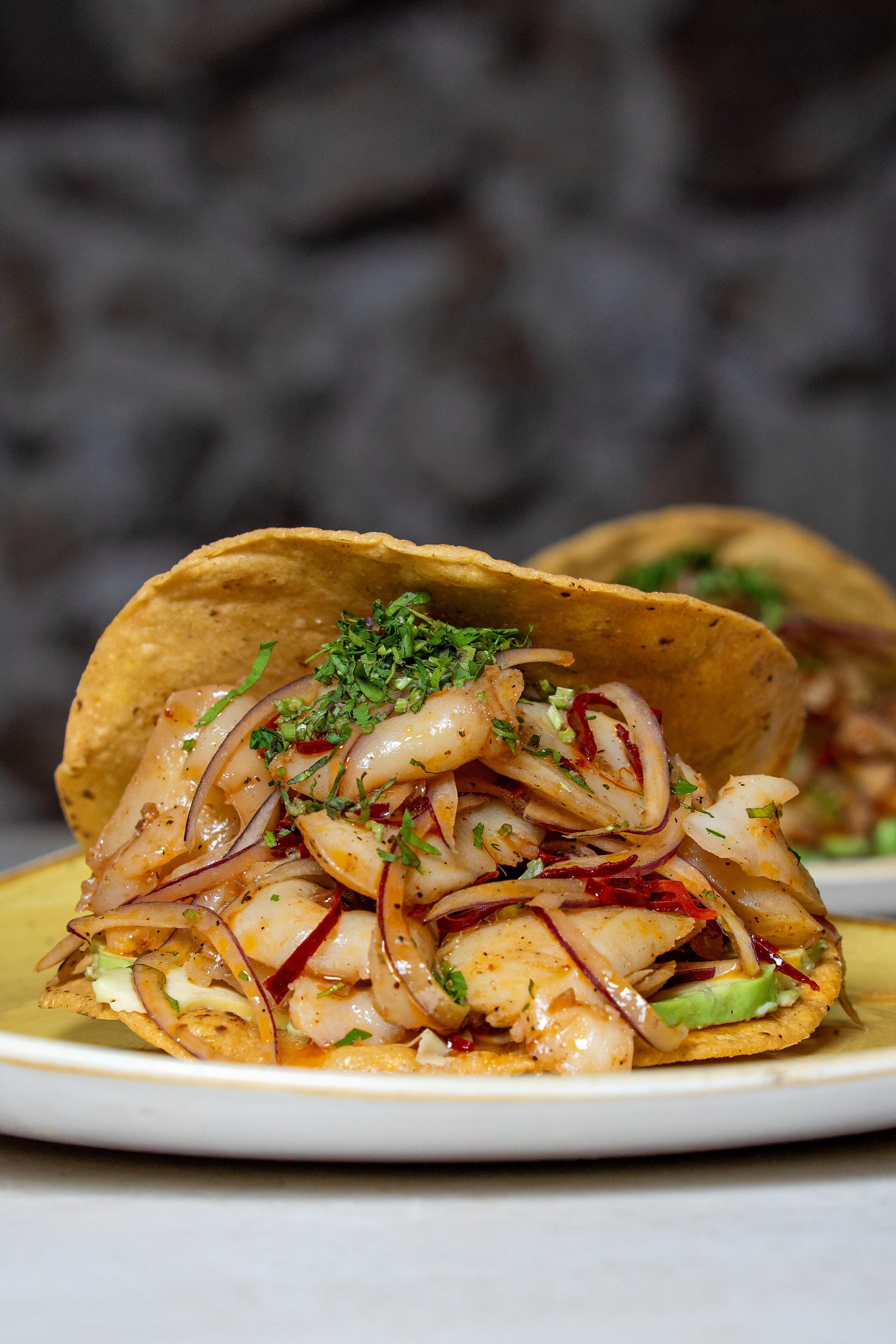 Tostadas de ceviche de pescado con cebolla morada, chile seco, cilantro y aguacate en MERO 18, Centro de Cancún