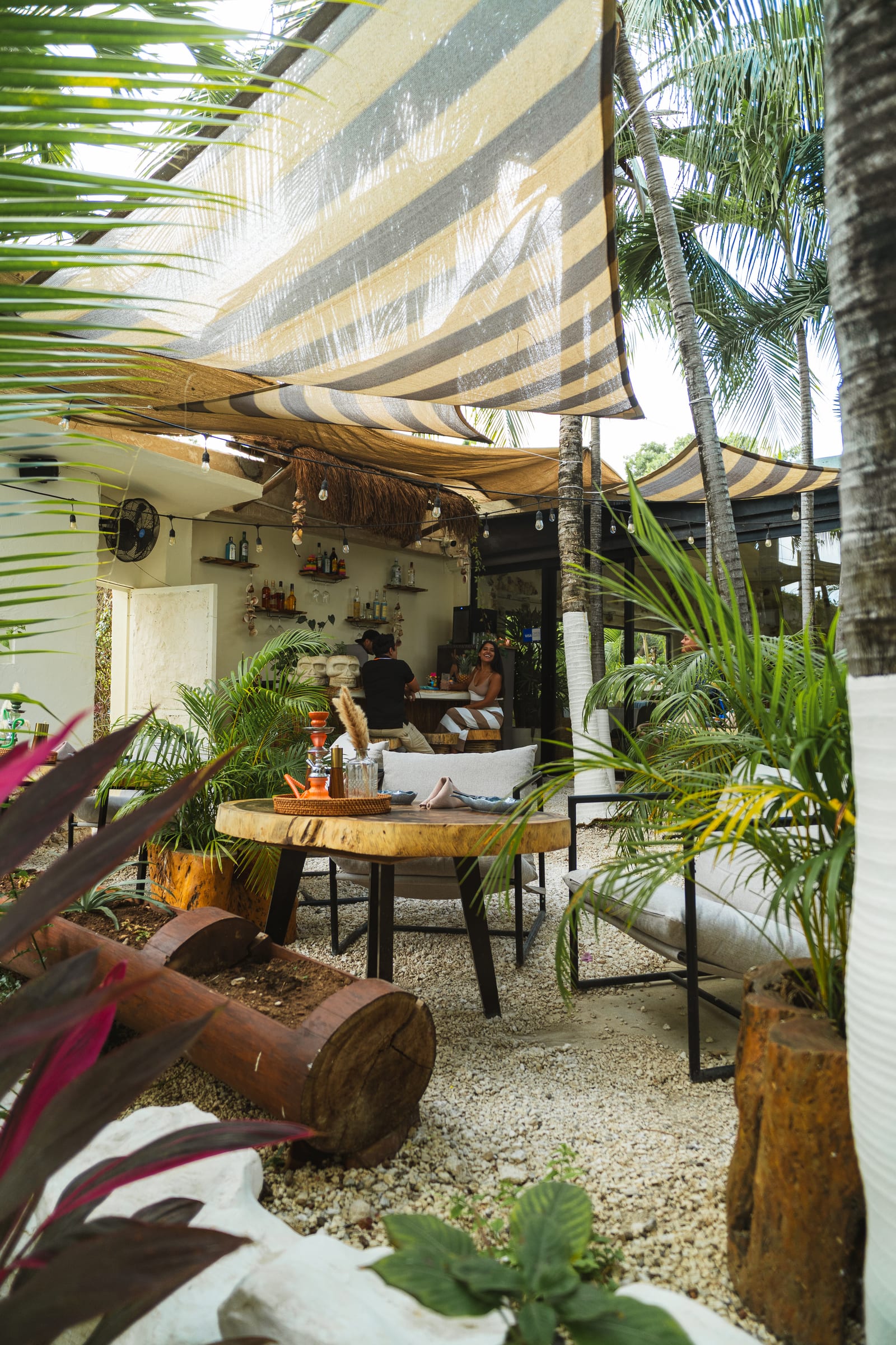 Terraza selvática de MERO 18 con velarias a rayas, palmeras y mesas de madera, ambiente de restaurante a pasos de la ADO en el Centro de Cancún