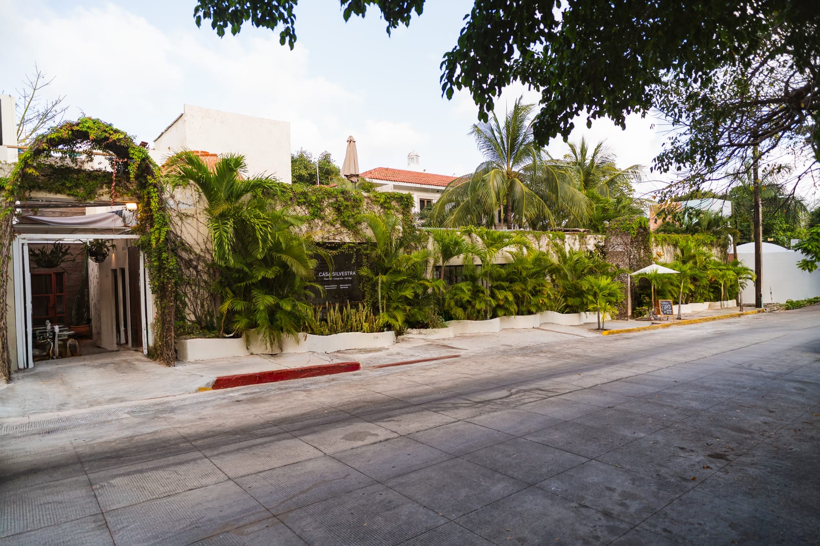 Leafy Avenida Nader facade with palm trees and ivy-covered walls