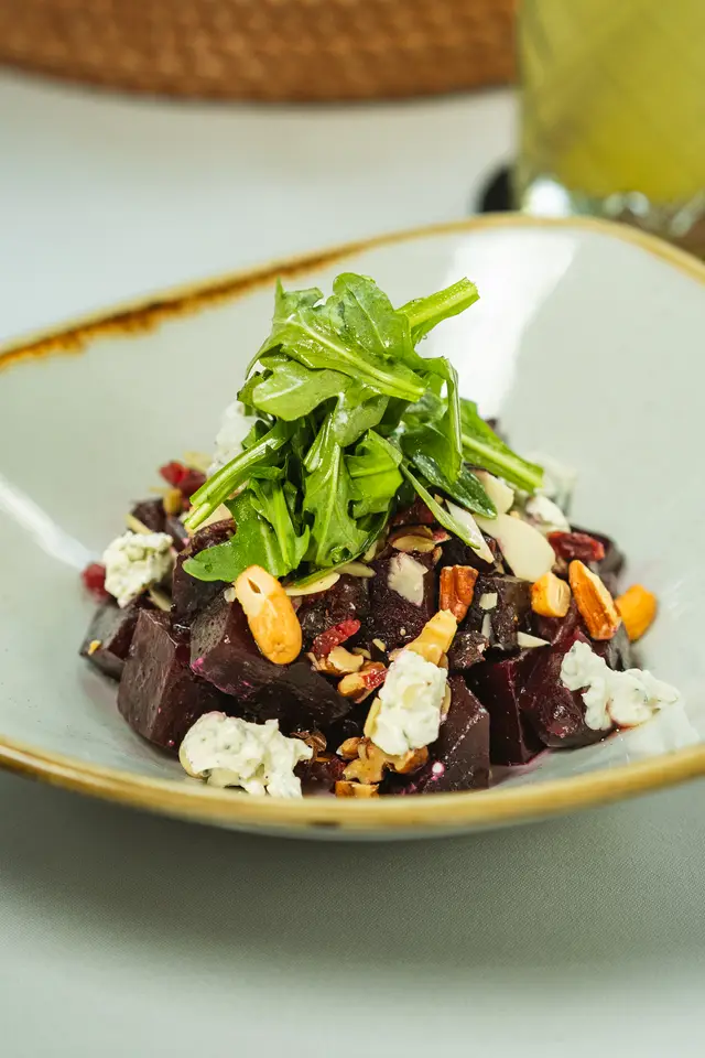 Roasted beet salad with blue cheese, nuts and cranberries